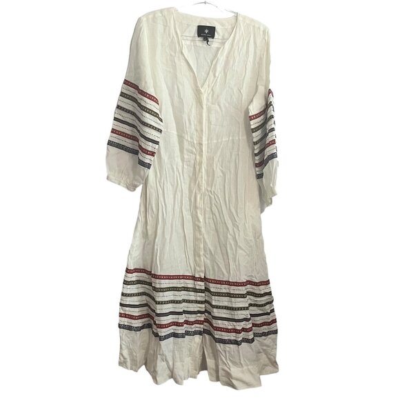SEEMA KAHAI MAXI DRESS SIZE LARGE WHITE 100% LINEN LONG SLEEVE STRIPE DETAIL - Picture 1 of 5